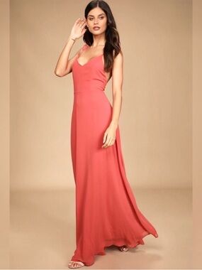 Lulus Flutter Strap A-line Chiffon Gown 
Meteoric Rise Rusty Rose Coral NWOT